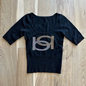 Bebe y2k rhinestone logo sweater elbow length sleeves